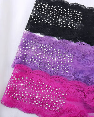 Kit 3 Calcinhas Fio Dental em Renda com Strass, preto, roxo, rosa