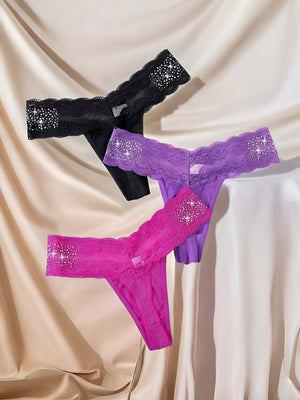 Kit 3 Calcinhas Fio Dental em Renda com Strass, preto, roxo, rosa