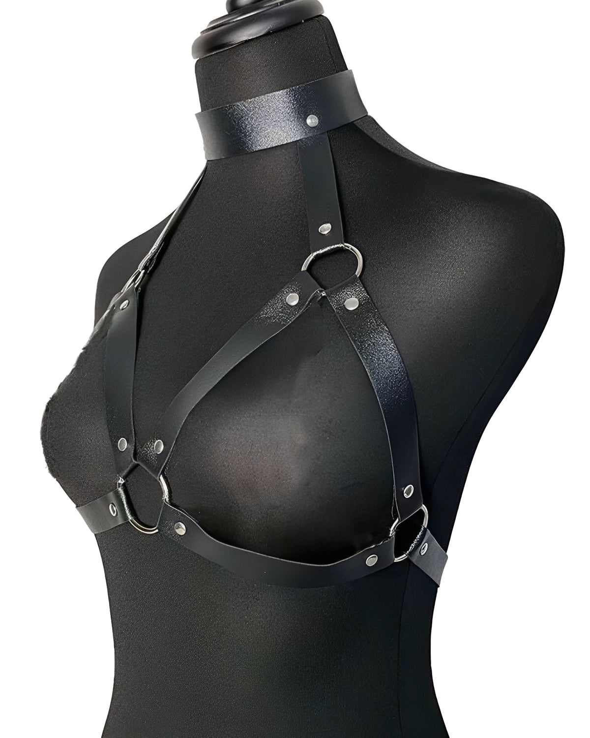 Harness de Couro Preto com Argolas Metálicas - Lingerie Fetichista e Sensual
