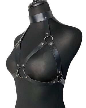 Harness de Couro Preto com Argolas Metálicas - Lingerie Fetichista e Sensual