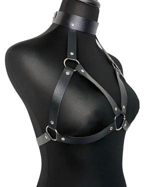 Harness de Couro Preto com Argolas Metálicas - Lingerie Fetichista e Sensual