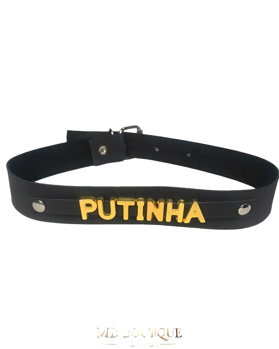 Gargantilha de Couro Preto com Palavras em Metal Dourado - , Safada