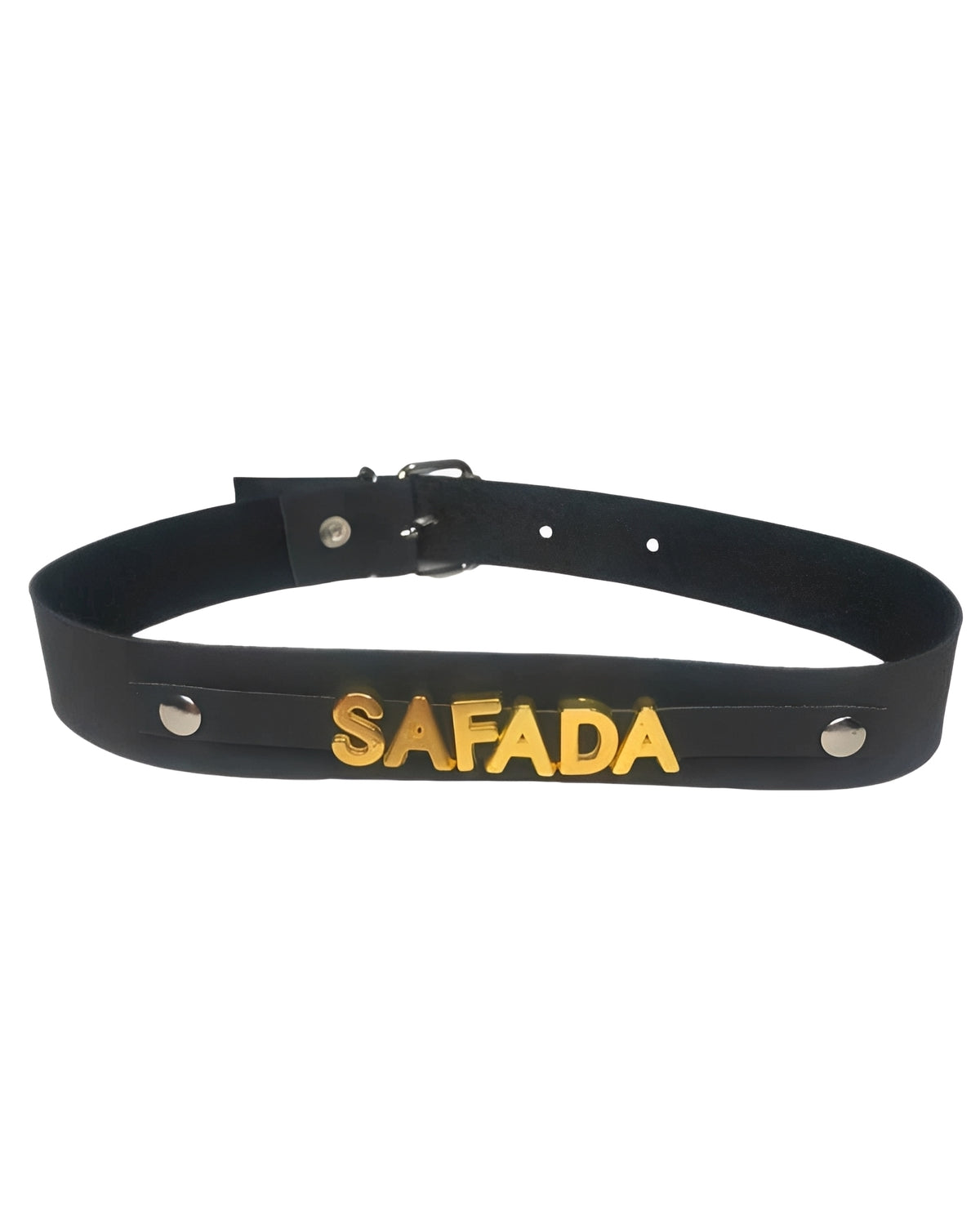 Gargantilha de Couro Preto com Palavras em Metal Dourado - Sexy, Safada, Putinha, Submissa e Sou Sua