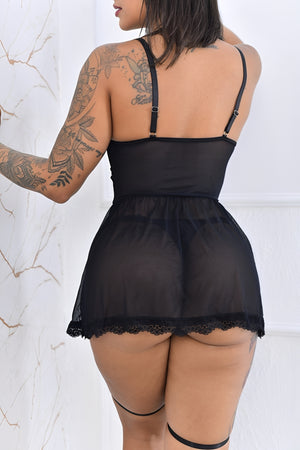 Camisola Sexy Preta em Renda e Tule Transparente com Ligas de Perna - Lingerie Sofisticada P ao G2
