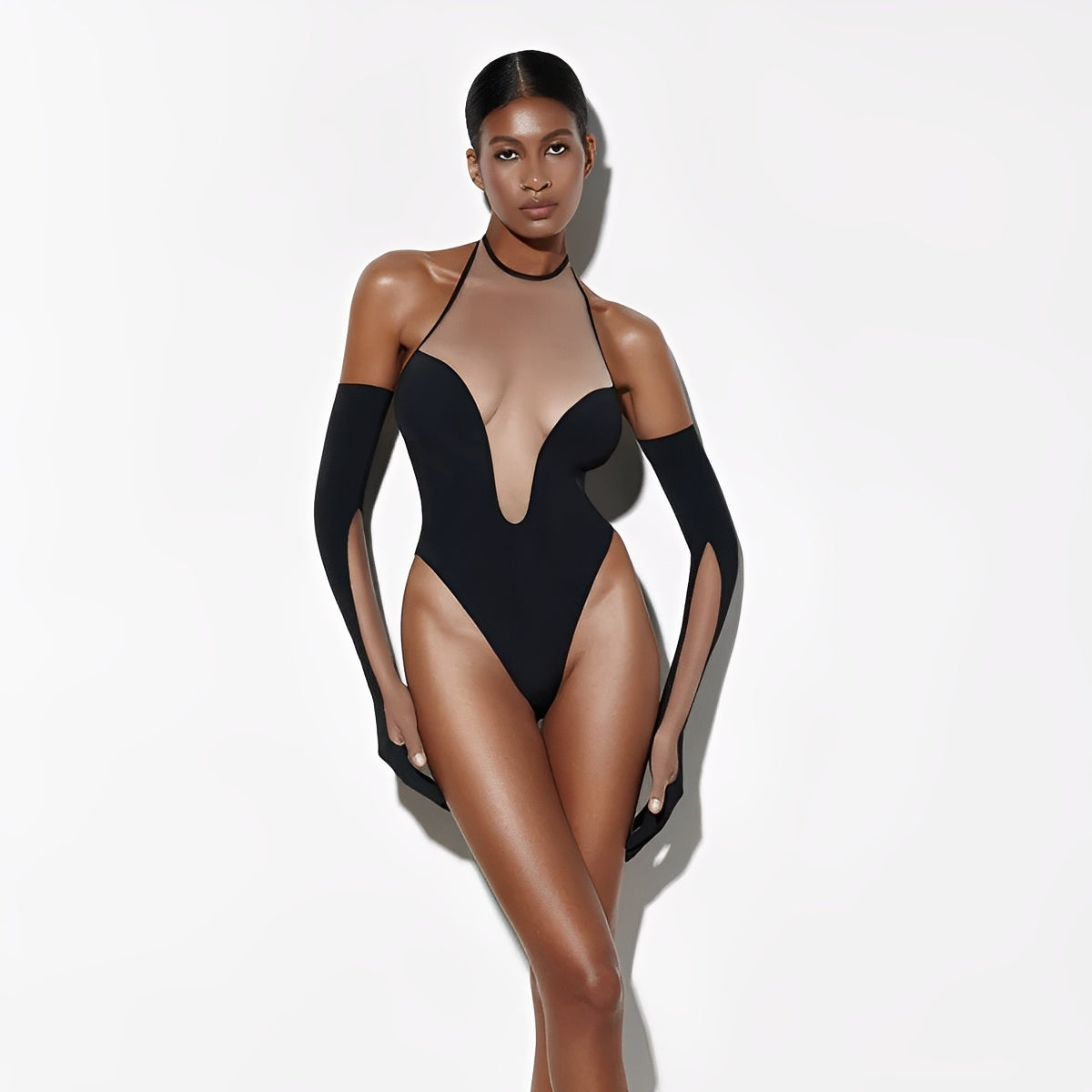 Body Preto Sexy com Transparência Profunda e Luvas Longas