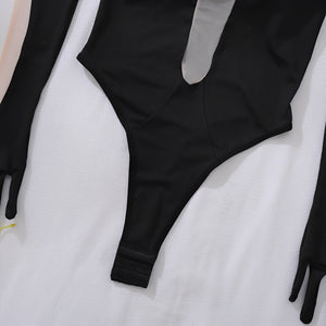 Body Preto Sexy com Transparência Profunda e Luvas Longas