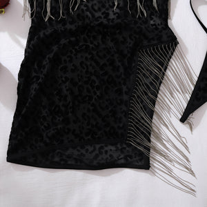 Vestido de Lingerie Preto Animal Print com Franjas em Corrente