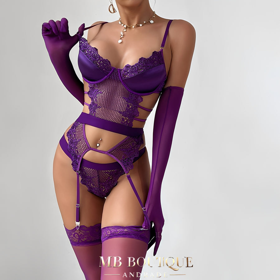 Conjunto Lingerie Roxo com Cinta-Liga, Meias e Luvas