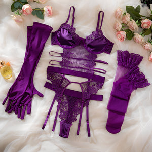 Conjunto Lingerie Sexy Roxo com Cinta-Liga, Meias e Luvas
