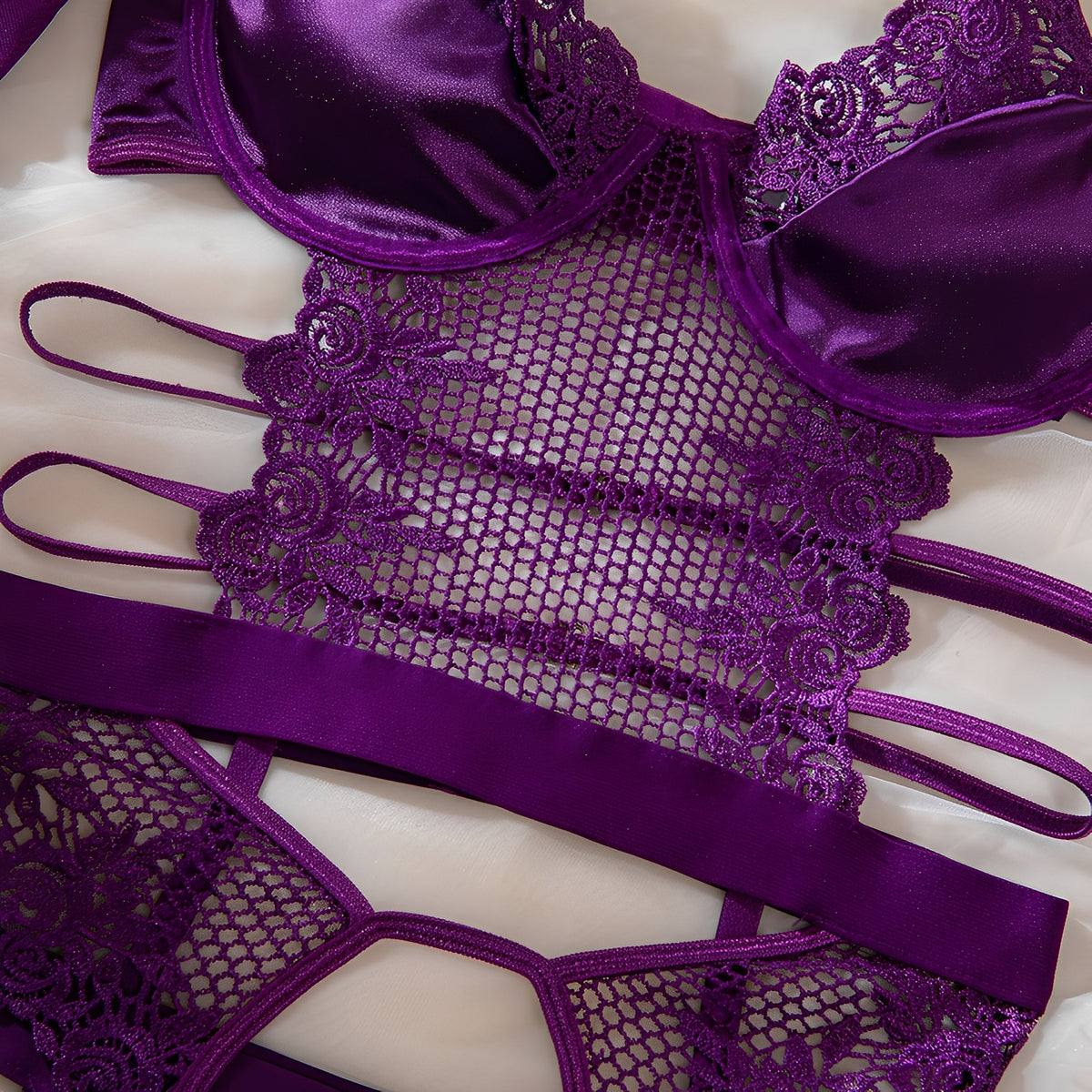 Conjunto Lingerie Sexy Roxo com Cinta-Liga, Meias e Luvas
