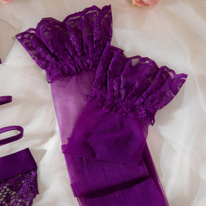 Conjunto Lingerie Sexy Roxo com Cinta-Liga, Meias e Luvas