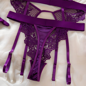 Conjunto Lingerie Sexy Roxo com Cinta-Liga, Meias e Luvas