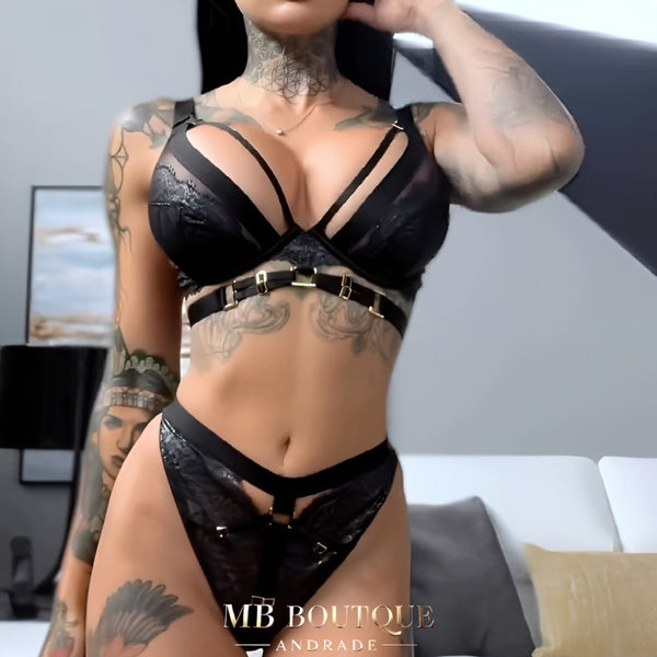 Conjunto de Lingerie Preta Strappy em Renda Transparente com Calcinha