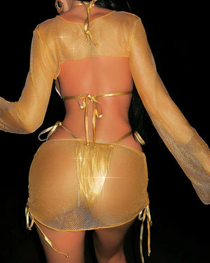 Biquíni Dourado Metálico com Amarração Ajustável - Moda Praia Luxo, Sensual e Exclusiva