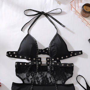 Vestido Sensual Preto Curto com Renda, Argolas e Calcinha Fio Dental