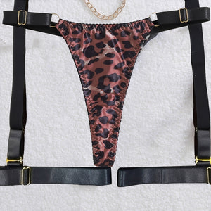 Conjunto Lingerie Onça Sexy com Aro, Corrente Dourada e Coleira - Fio Dental Sensual P ao G