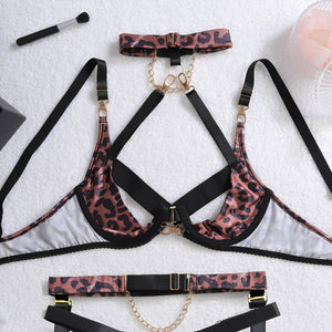 Conjunto Lingerie Onça Sexy com Aro, Corrente Dourada e Coleira - Fio Dental Sensual P ao G