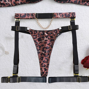 Conjunto Lingerie Onça Sexy com Aro, Corrente Dourada e Coleira - Fio Dental Sensual P ao G