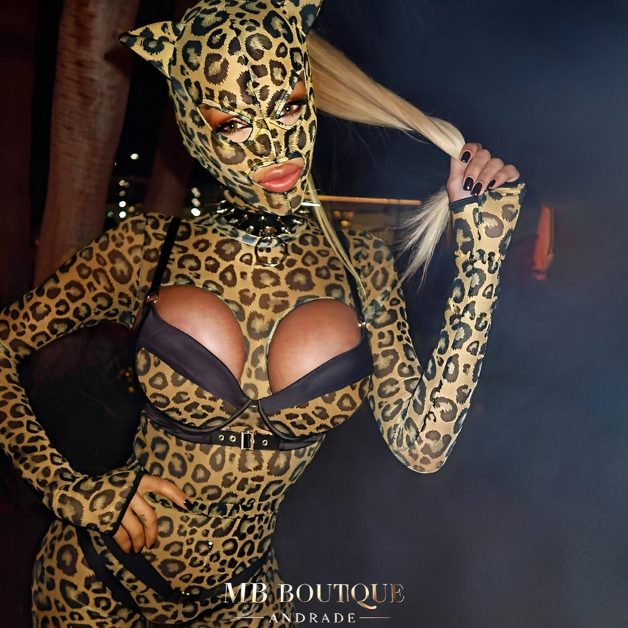 Fantasia de Onça com Máscara, Cauda e Conjunto Lingerie Animal Print