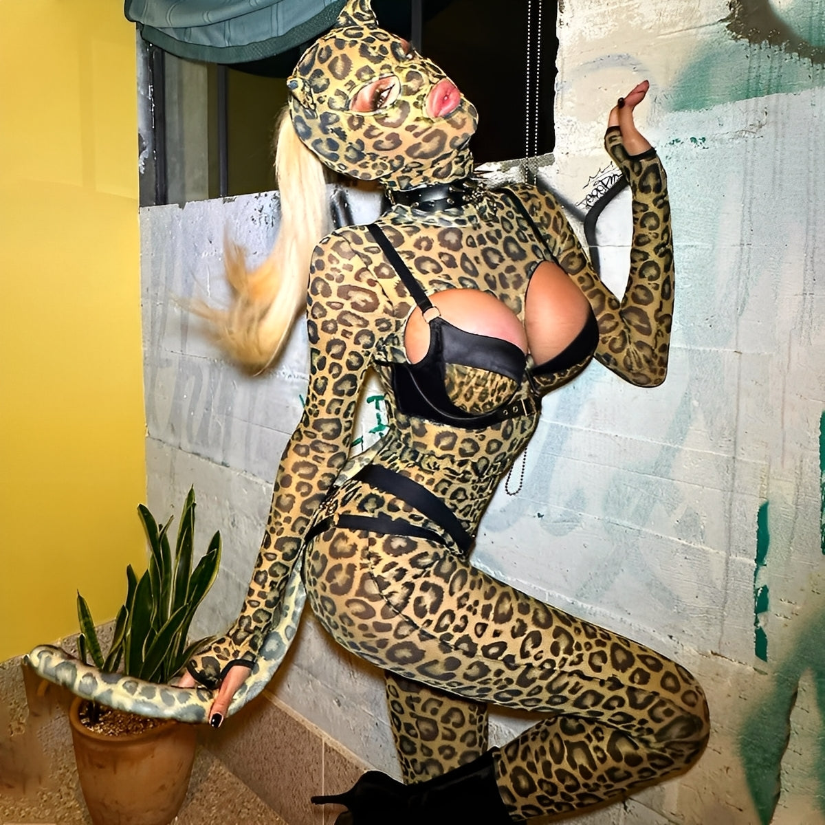 Fantasia de Onça Sexy com Máscara, Cauda e Conjunto Lingerie Animal Print