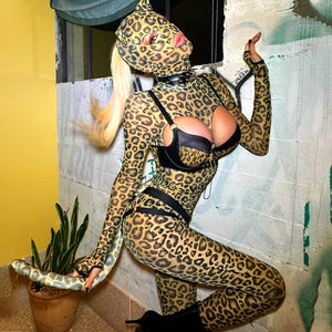Fantasia de Onça Sexy com Máscara, Cauda e Conjunto Lingerie Animal Print