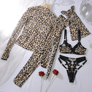 Fantasia de Onça Sexy com Máscara, Cauda e Conjunto Lingerie Animal Print