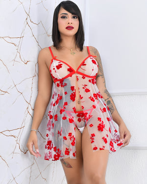 Camisola Transparente Sexy em Tule Bordado Vermelho com Calcinha Fio Dental