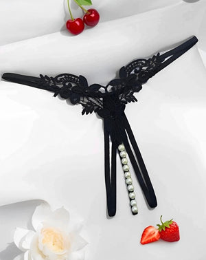 Calcinha Fio Dental Preta com Renda Floral e Pérolas