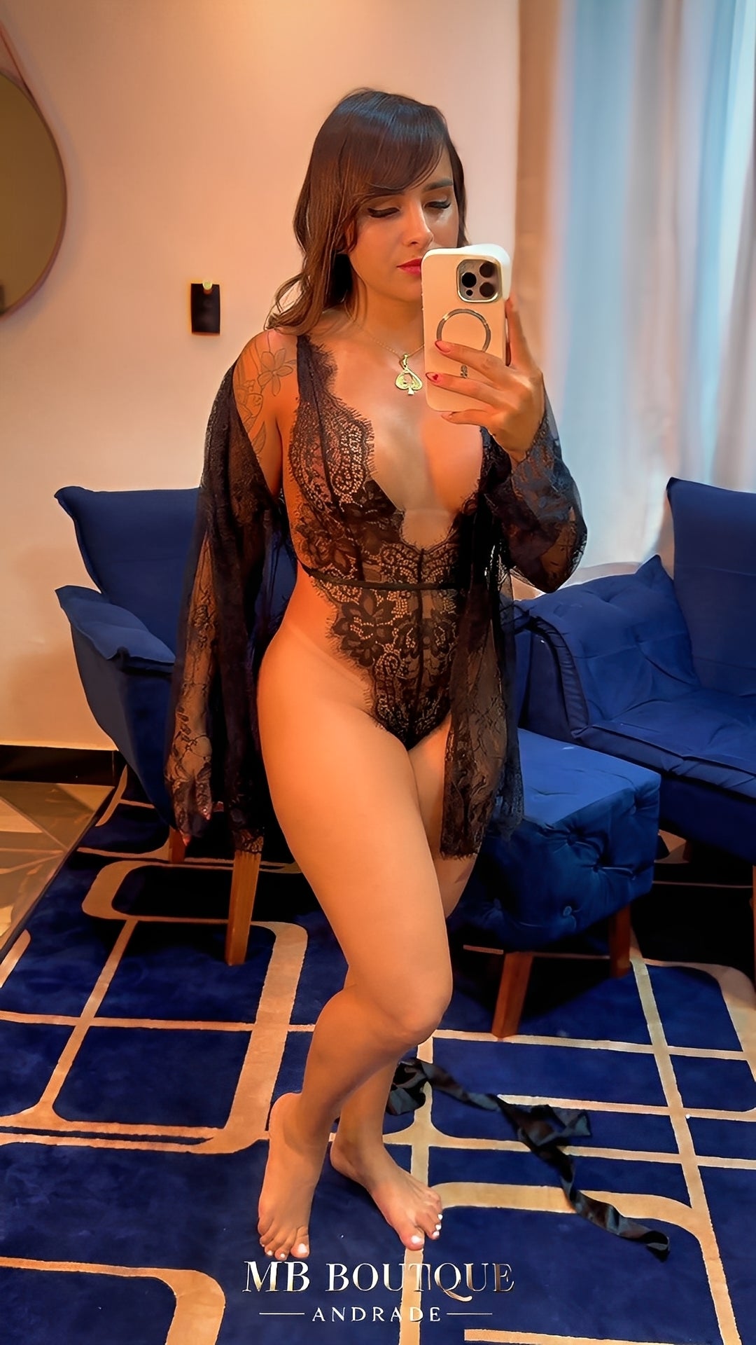 Body de Renda com Robe Feminino e Cinto de Cetim - P ao GG