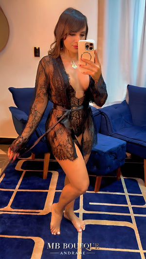 Body de Renda com Robe Feminino e Cinto de Cetim - P ao GG