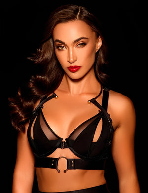 Conjunto de Lingerie Completa Preta com Cinta-Liga e Straps