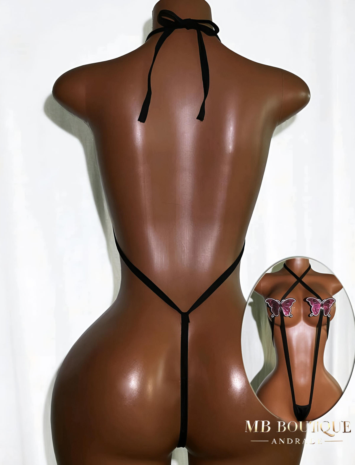 Body preto com borboletas — vista das costas e amarração no pescoço