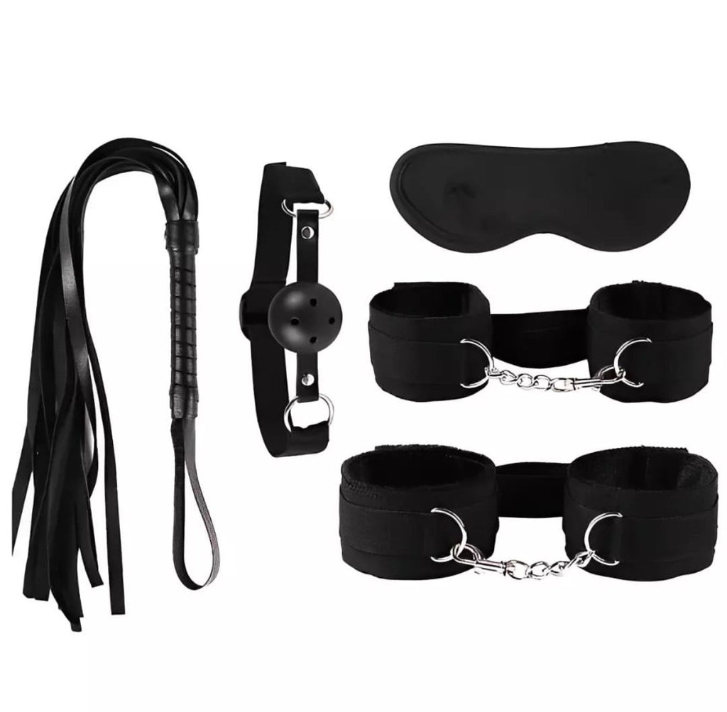 Kit Bondage com 5 Itens - Algemas, Venda, Mordaça, Chicote e Trava em vermelho, preto e roxo