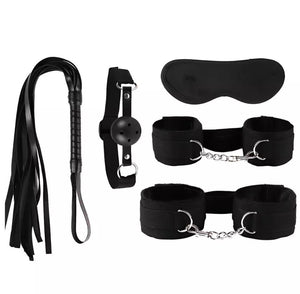 Kit Bondage com 5 Itens - Algemas, Venda, Mordaça, Chicote e Trava em vermelho, preto e roxo