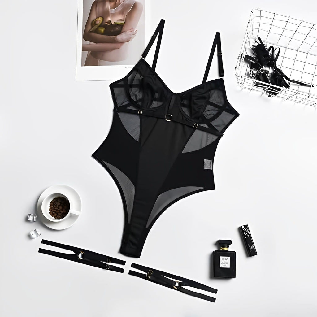 Body Sexy transparente com liga de perna 
