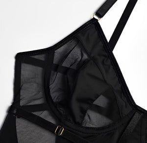 Body Sexy transparente com liga de perna 