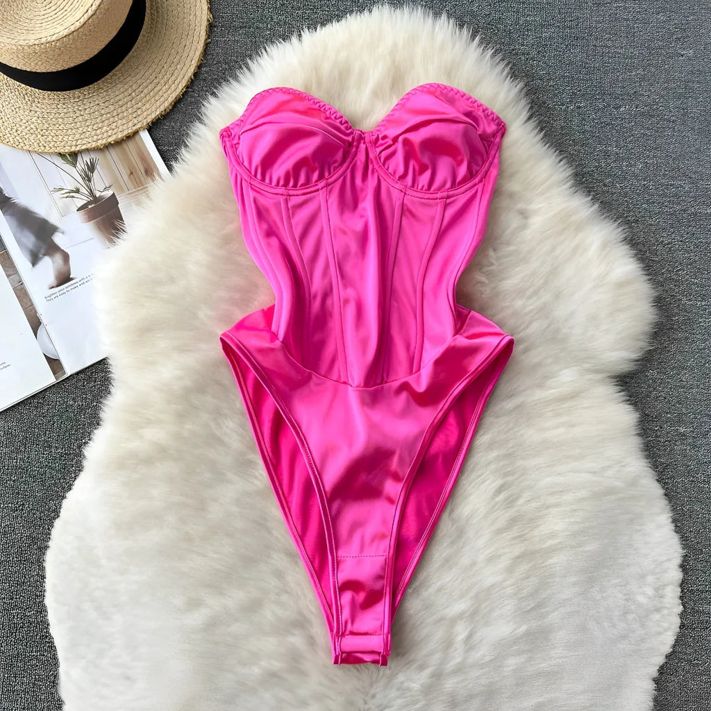 Body Corset Pink Cetim – Lingerie Sensual com Aro, Sem Bojo, Brilho e Amarração Frontal