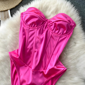 Body Corset Pink Cetim – Lingerie Sensual com Aro, Sem Bojo, Brilho e Amarração Frontal