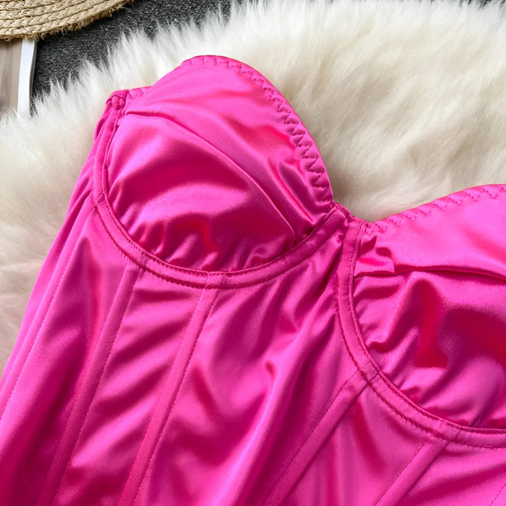 Body Corset Pink Cetim – Lingerie Sensual com Aro, Sem Bojo, Brilho e Amarração Frontal