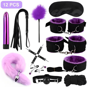 Kit BDSM 12 Peças com Plug de Cauda, Vibrador, Algemas e Venda - Estimule Fantasias e Surpreenda