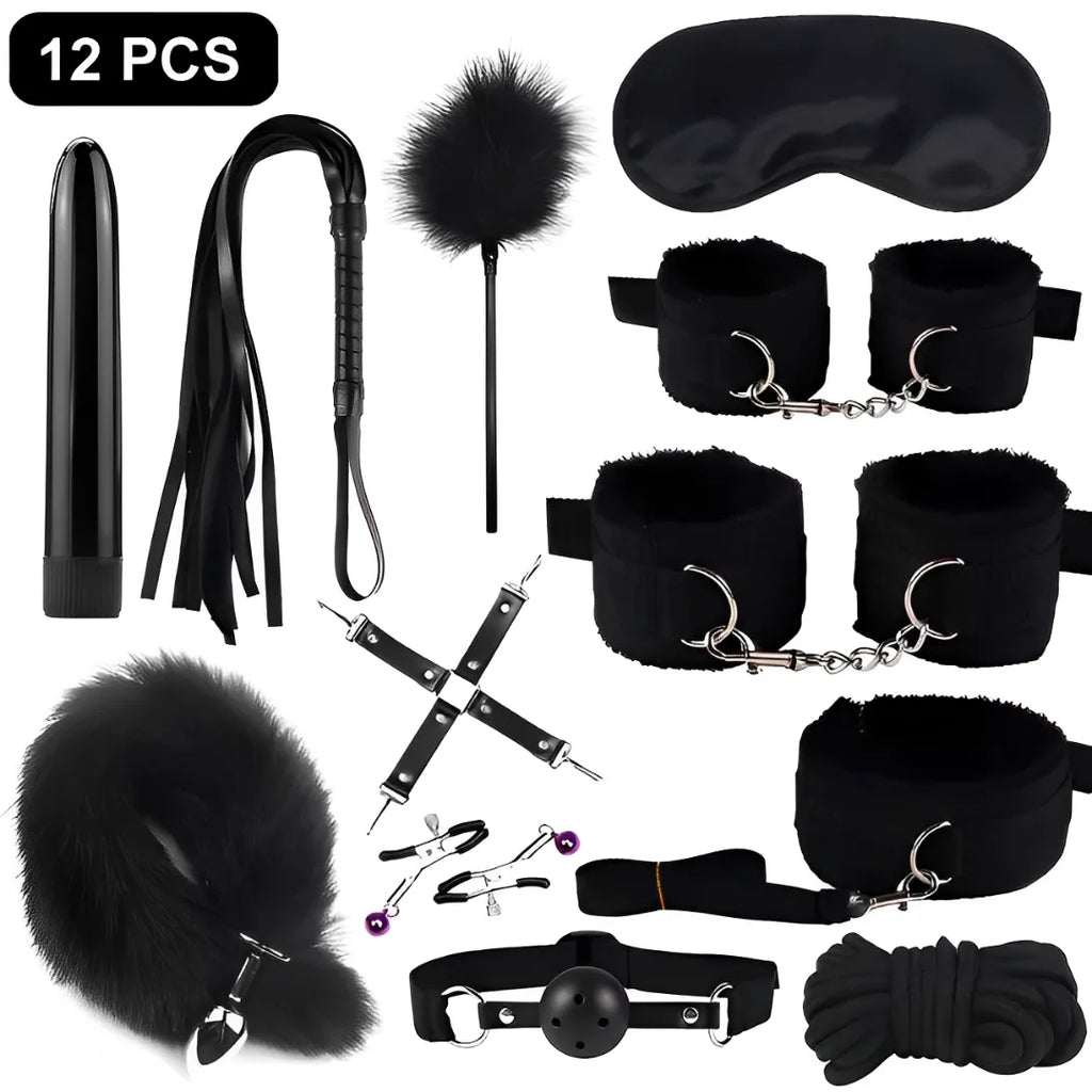 Kit BDSM 12 Peças com Plug de Cauda, Vibrador, Algemas e Venda - Estimule Fantasias e Surpreenda