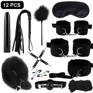 Kit BDSM 12 Peças com Plug de Cauda, Vibrador, Algemas e Venda - Estimule Fantasias e Surpreenda