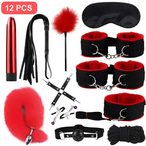 Kit BDSM 12 Peças com Plug de Cauda, Vibrador, Algemas e Venda - Estimule Fantasias e Surpreenda
