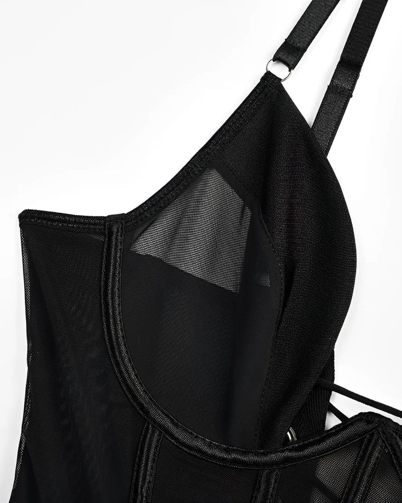 Corset Preto Sexy em Tule Transparente com Gargantilha e Calcinha Regulável – Lingerie de Luxo Ousada