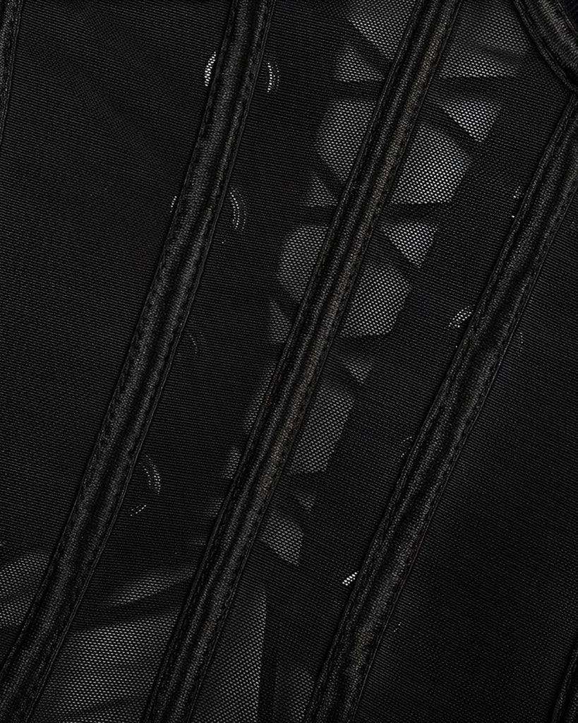 Corset Preto Sexy em Tule Transparente com Gargantilha e Calcinha Regulável – Lingerie de Luxo Ousada