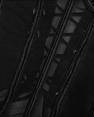 Corset Preto Sexy em Tule Transparente com Gargantilha e Calcinha Regulável – Lingerie de Luxo Ousada