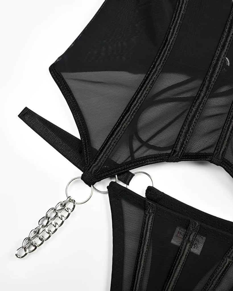 Corset Preto Sexy em Tule Transparente com Gargantilha e Calcinha Regulável – Lingerie de Luxo Ousada