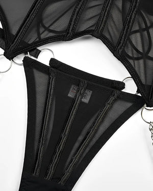Corset Preto Sexy em Tule Transparente com Gargantilha e Calcinha Regulável – Lingerie de Luxo Ousada