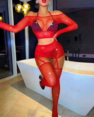 Conjunto com meia com detalhes em strass (não acompanha lingerie por baixo, somente Conjunto com meia)