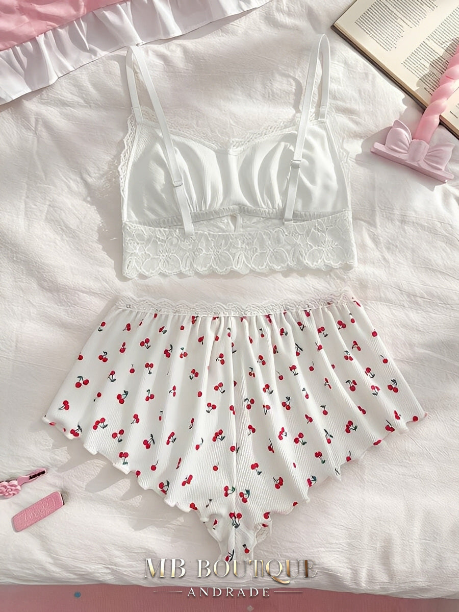 Babydoll Branco com Renda e Laços Contrastantes
